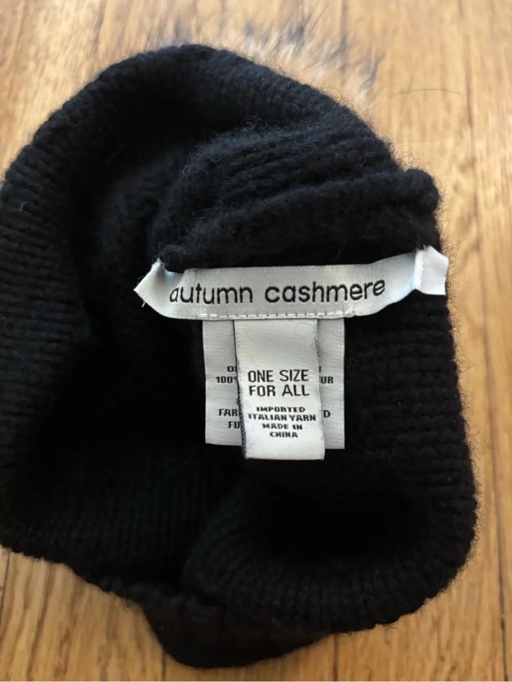 Autumn Cashmere Black Knit Beanie with Tan Fur Pom